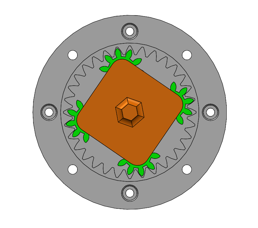 First gearbox assembled showing spur gear stages