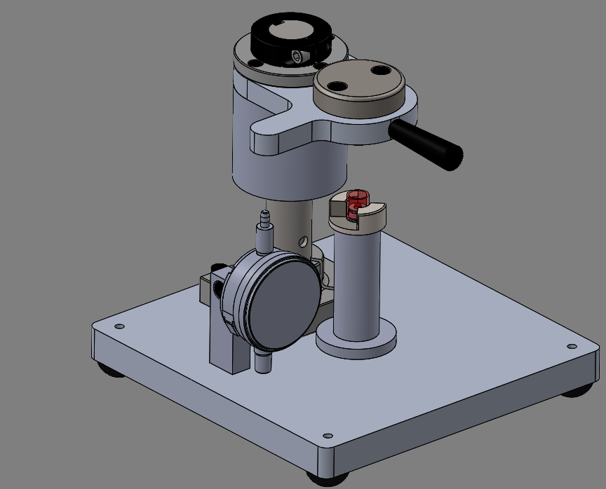 Closure gasket QA fixture annotated with calibrated mass and dial indicator